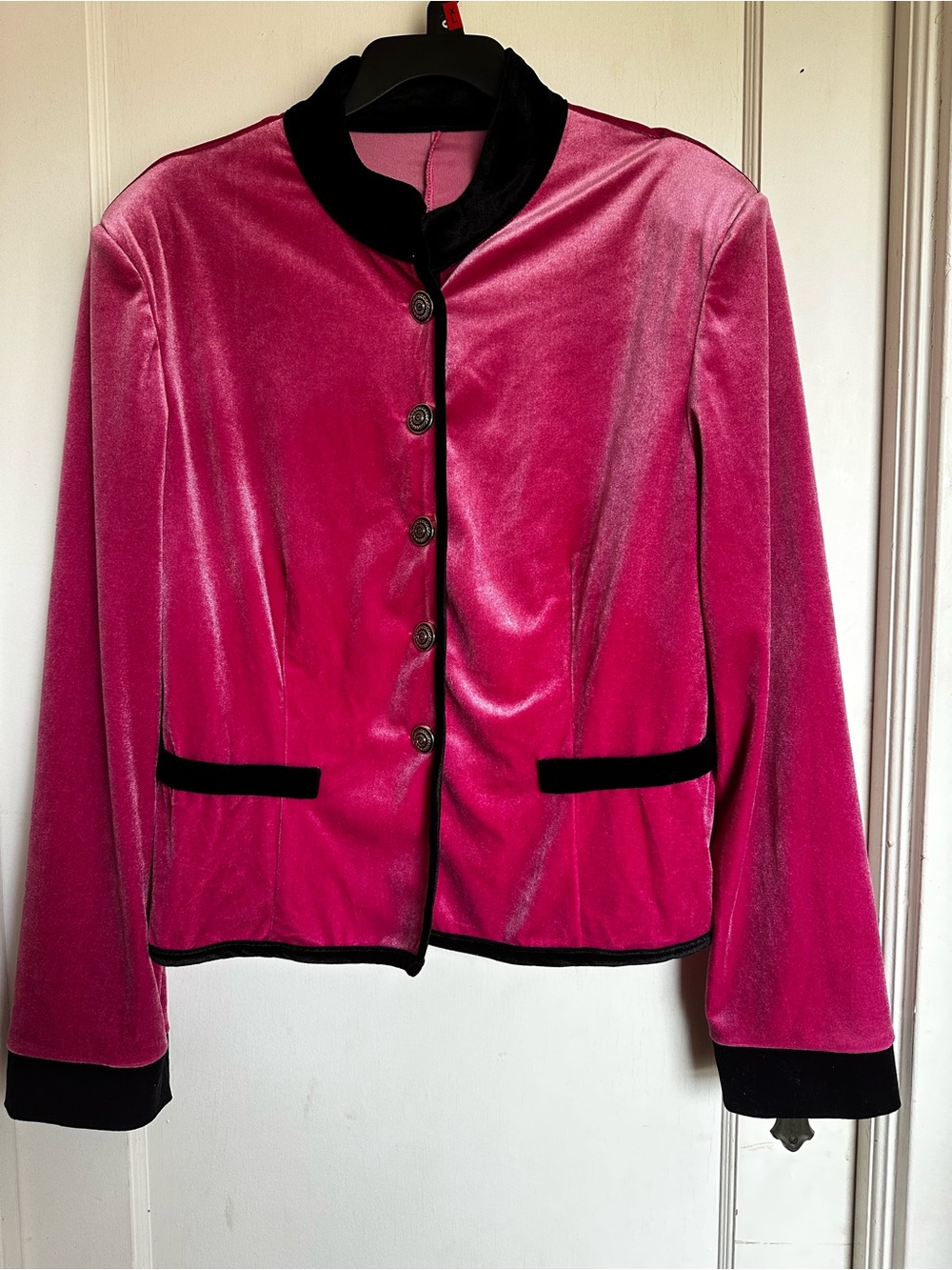 Pink Velvet Jacket with Black Trim - Women's Coat